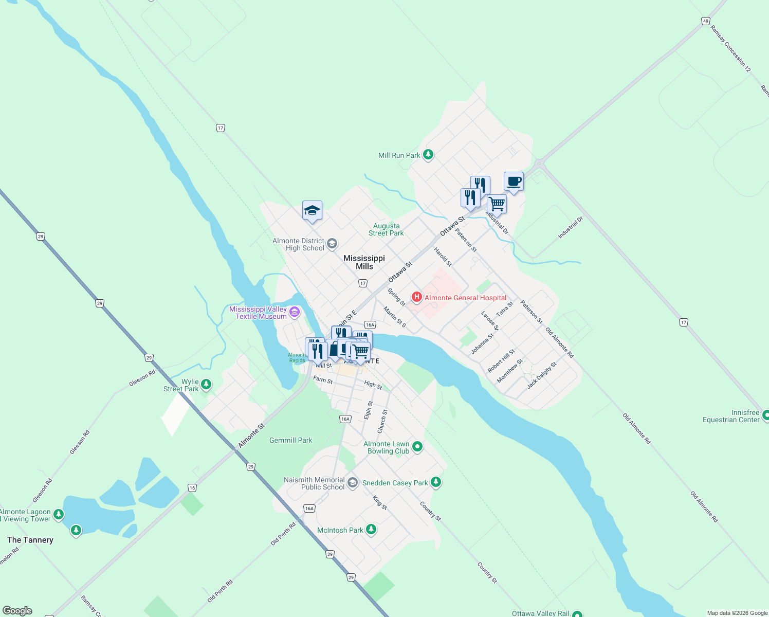 map of restaurants, bars, coffee shops, grocery stores, and more near 32 Martin Street South in Mississippi Mills