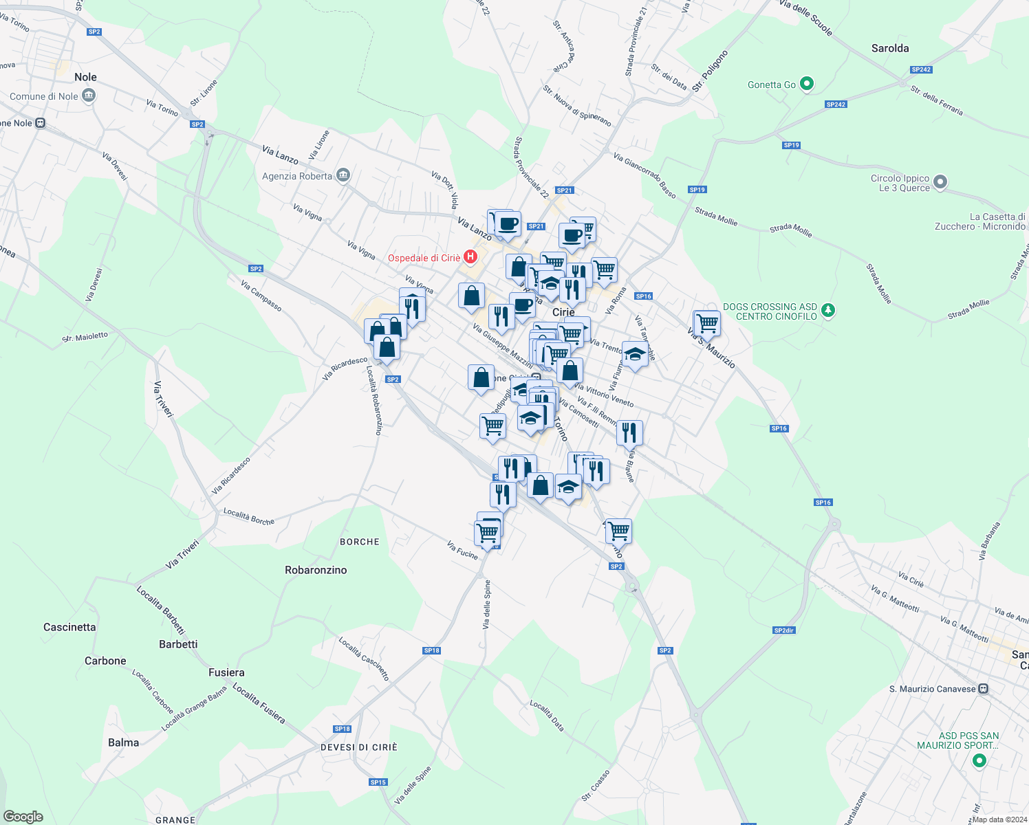 map of restaurants, bars, coffee shops, grocery stores, and more near 10 Via della Repubblica in Ciriè