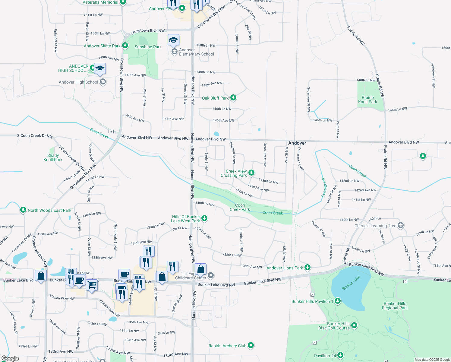 map of restaurants, bars, coffee shops, grocery stores, and more near 1419 141st Lane Northwest in Andover