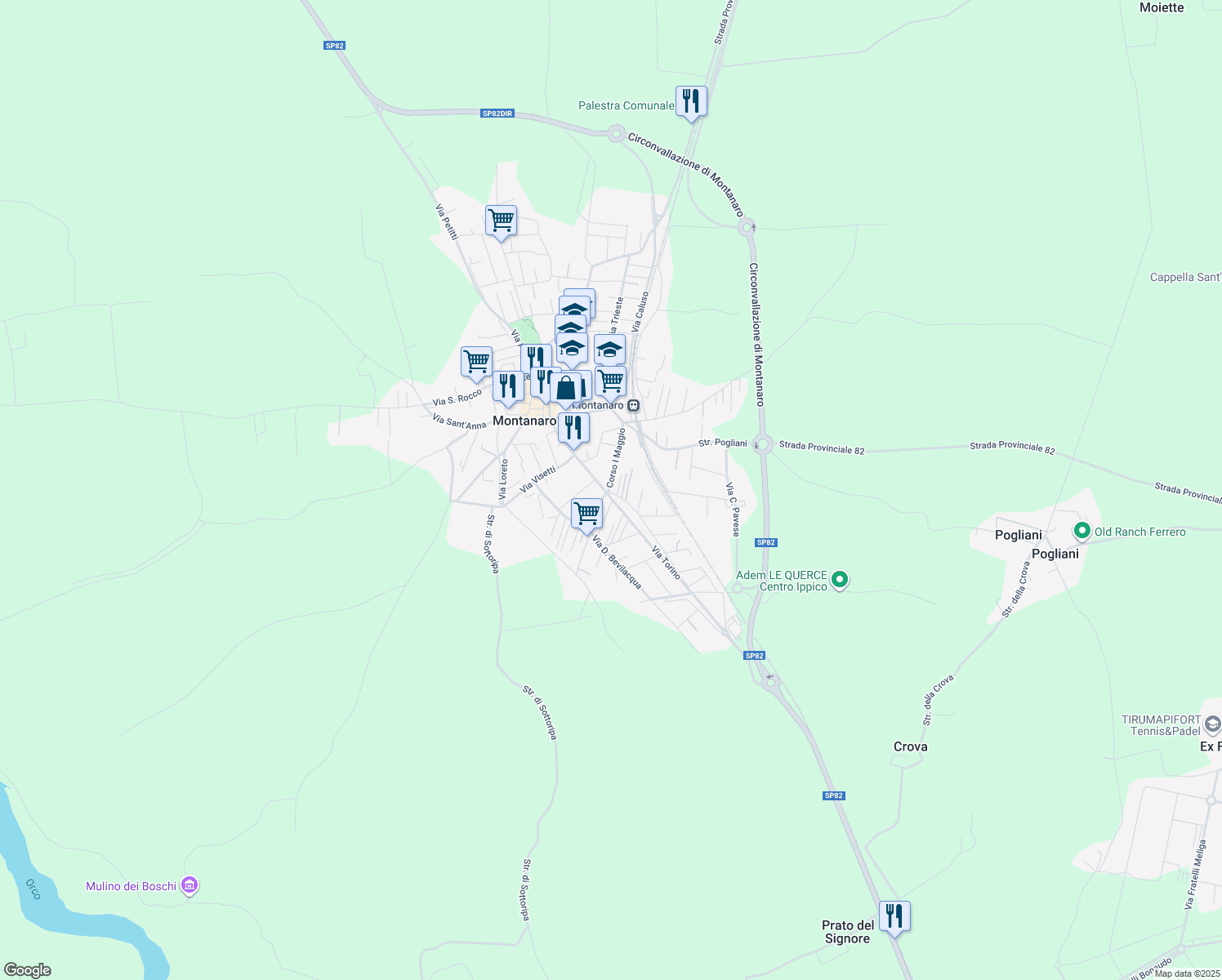 map of restaurants, bars, coffee shops, grocery stores, and more near 35 Corso I Maggio in Montanaro