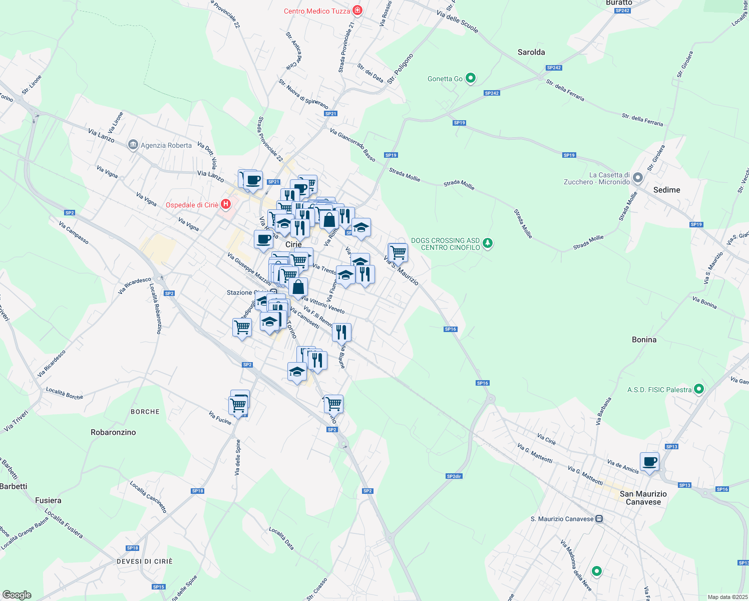 map of restaurants, bars, coffee shops, grocery stores, and more near 32 Via Generale Gazzera in Ciriè