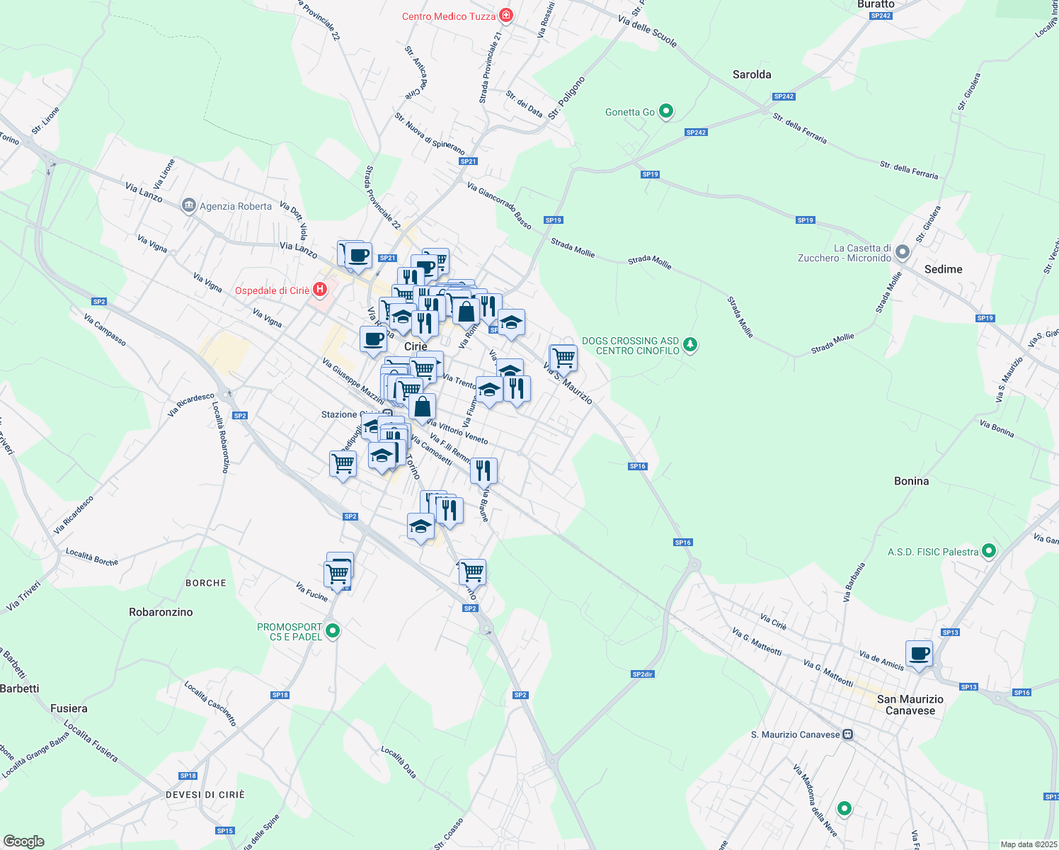 map of restaurants, bars, coffee shops, grocery stores, and more near 32 Via Generale Gazzera in Ciriè