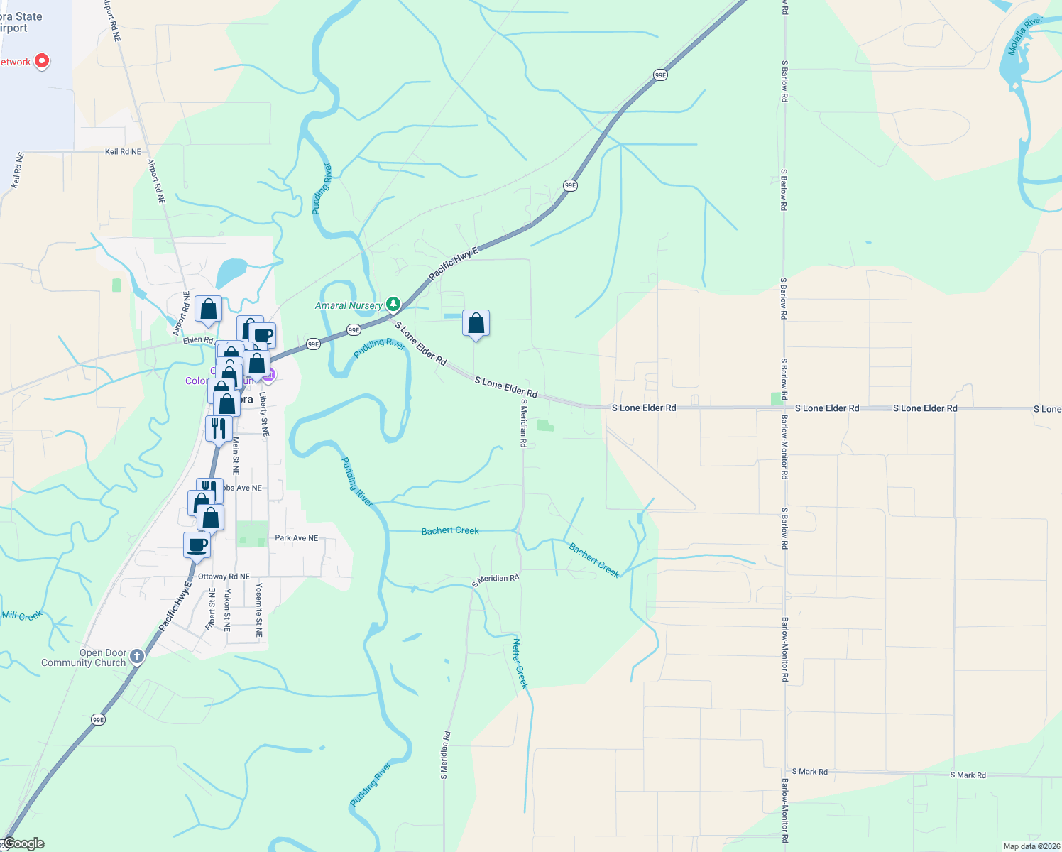 map of restaurants, bars, coffee shops, grocery stores, and more near 26050 S Meridian Rd in Aurora