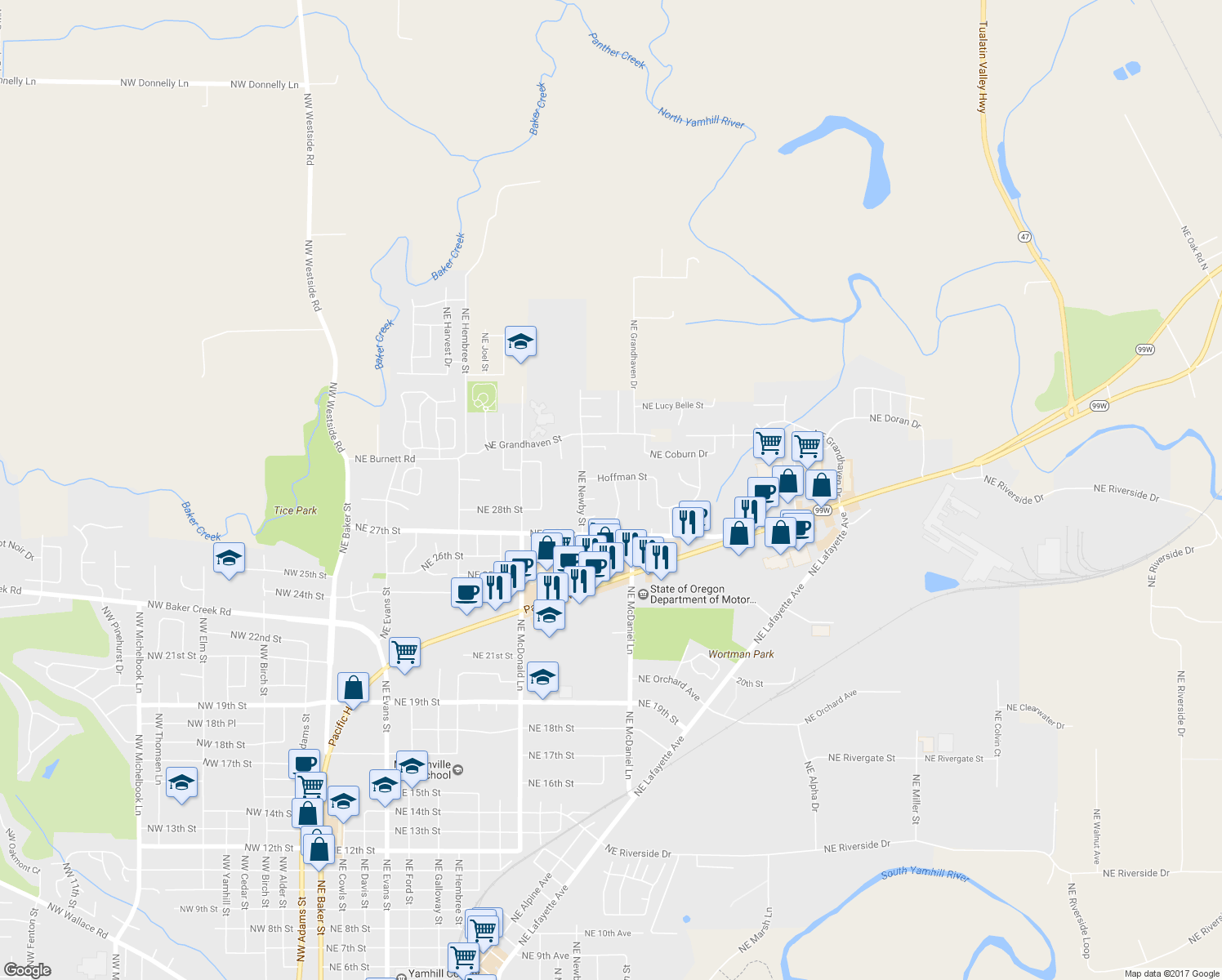 map of restaurants, bars, coffee shops, grocery stores, and more near 2835 Northeast Leathers Lane in McMinnville