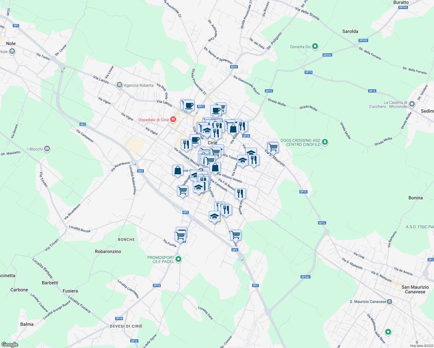 map of restaurants, bars, coffee shops, grocery stores, and more near Via Elio Ferrari in Ciriè
