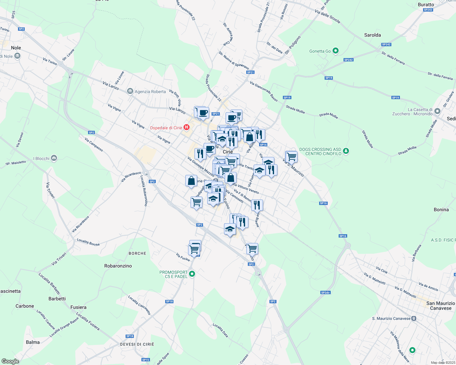 map of restaurants, bars, coffee shops, grocery stores, and more near Via Elio Ferrari in Ciriè