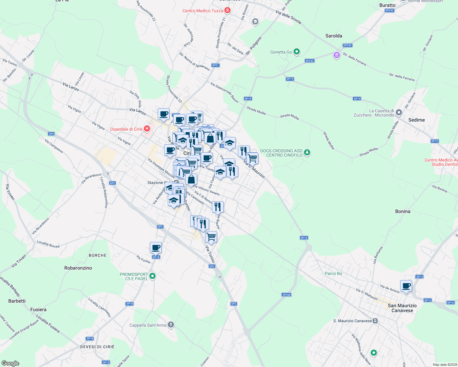 map of restaurants, bars, coffee shops, grocery stores, and more near 54 Via Piave in Ciriè