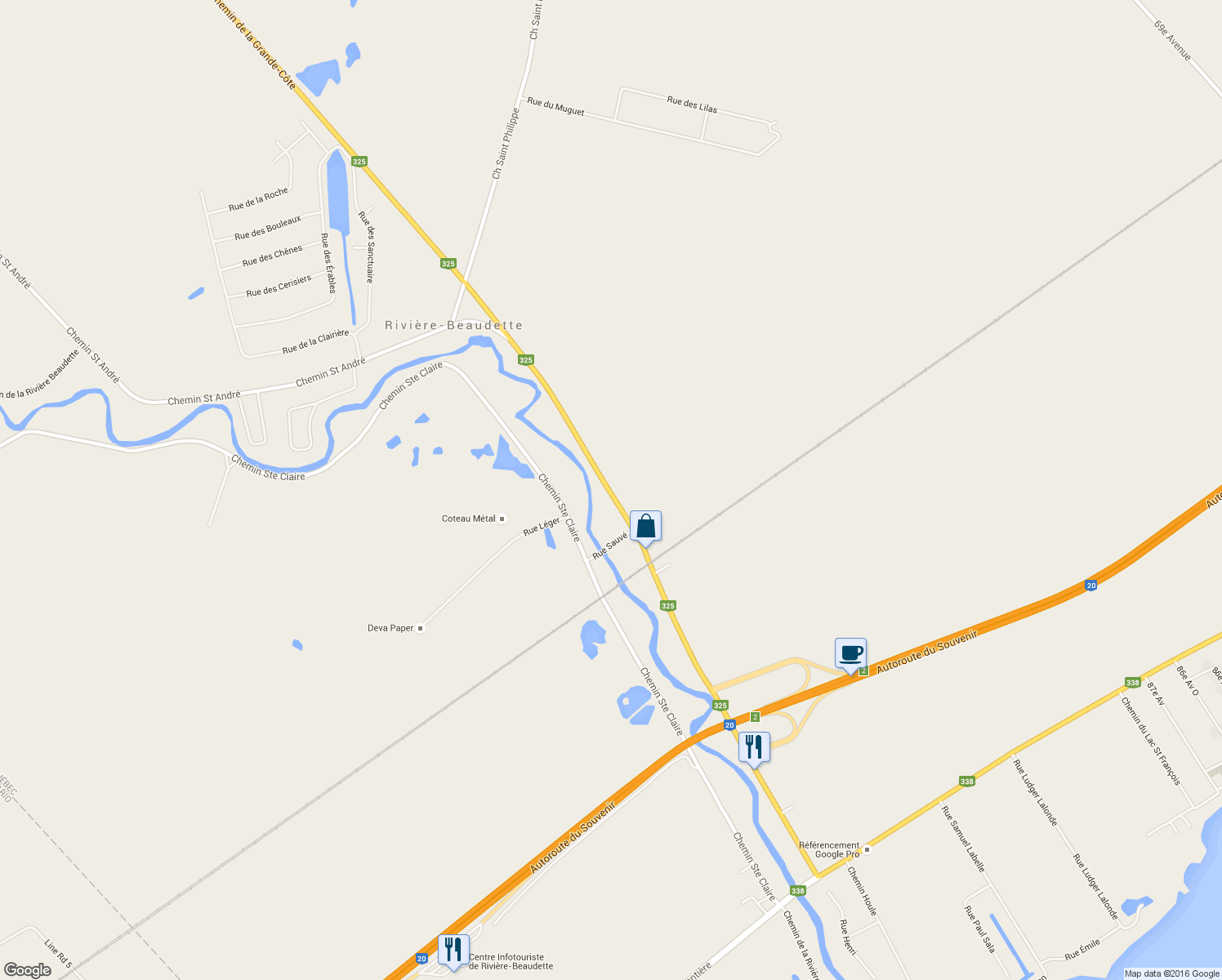 map of restaurants, bars, coffee shops, grocery stores, and more near 1053 Rue Principale in Rivière-Beaudette