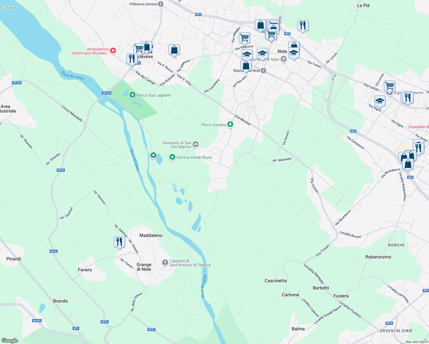 map of restaurants, bars, coffee shops, grocery stores, and more near 8 Via Amianto in Nole