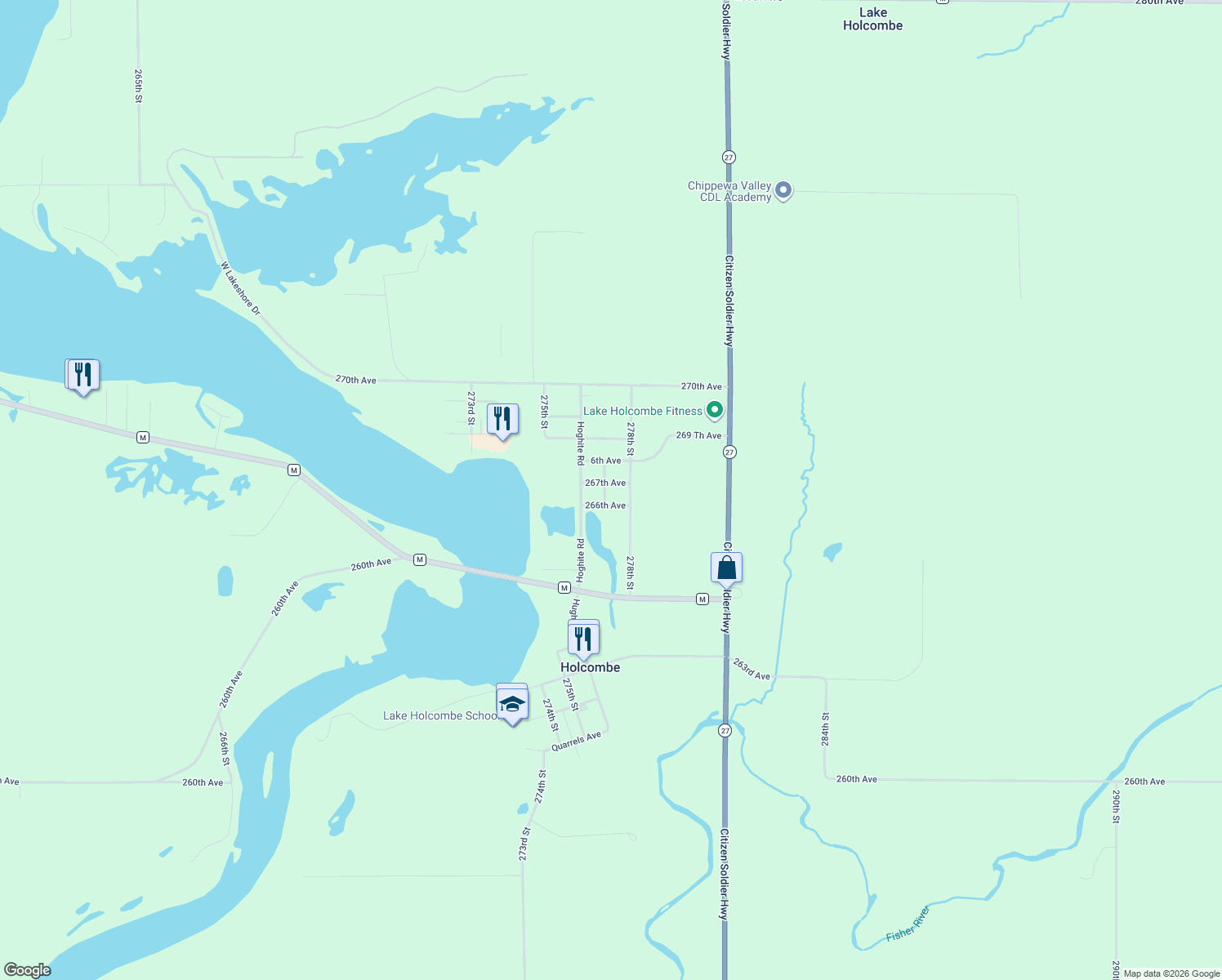 map of restaurants, bars, coffee shops, grocery stores, and more near 26690 277th Street in Holcombe