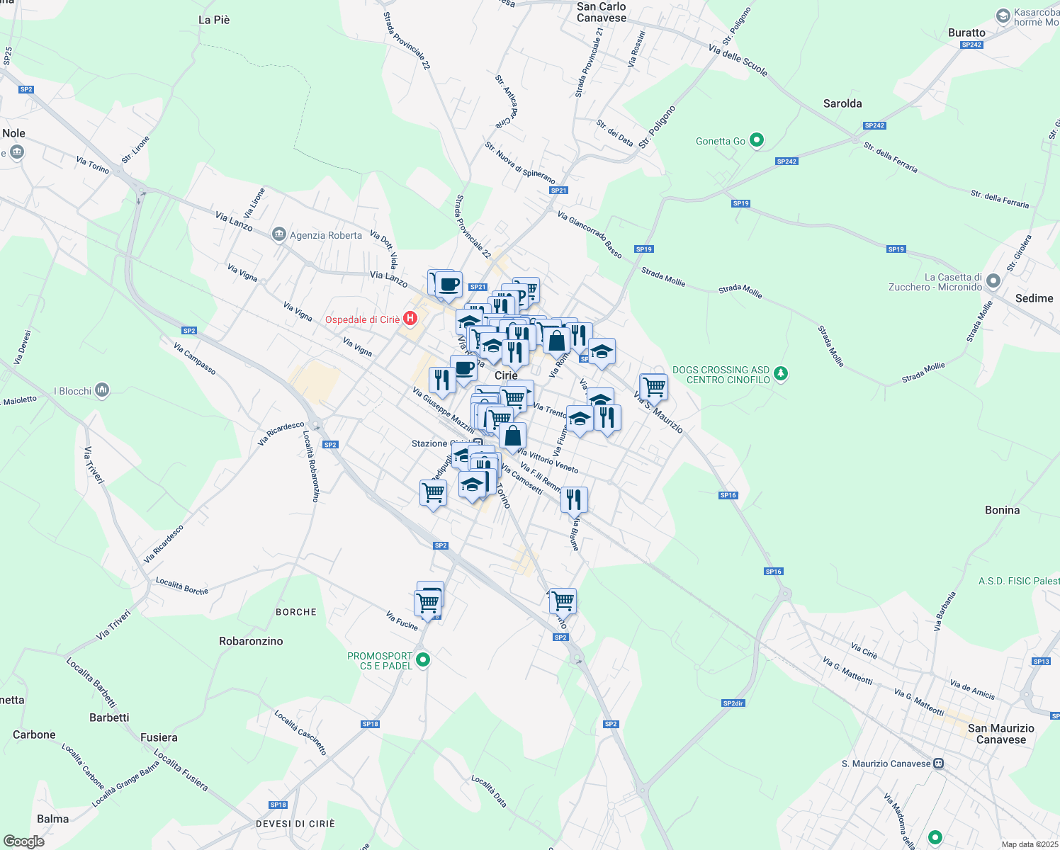 map of restaurants, bars, coffee shops, grocery stores, and more near Via Elio Ferrari in Ciriè