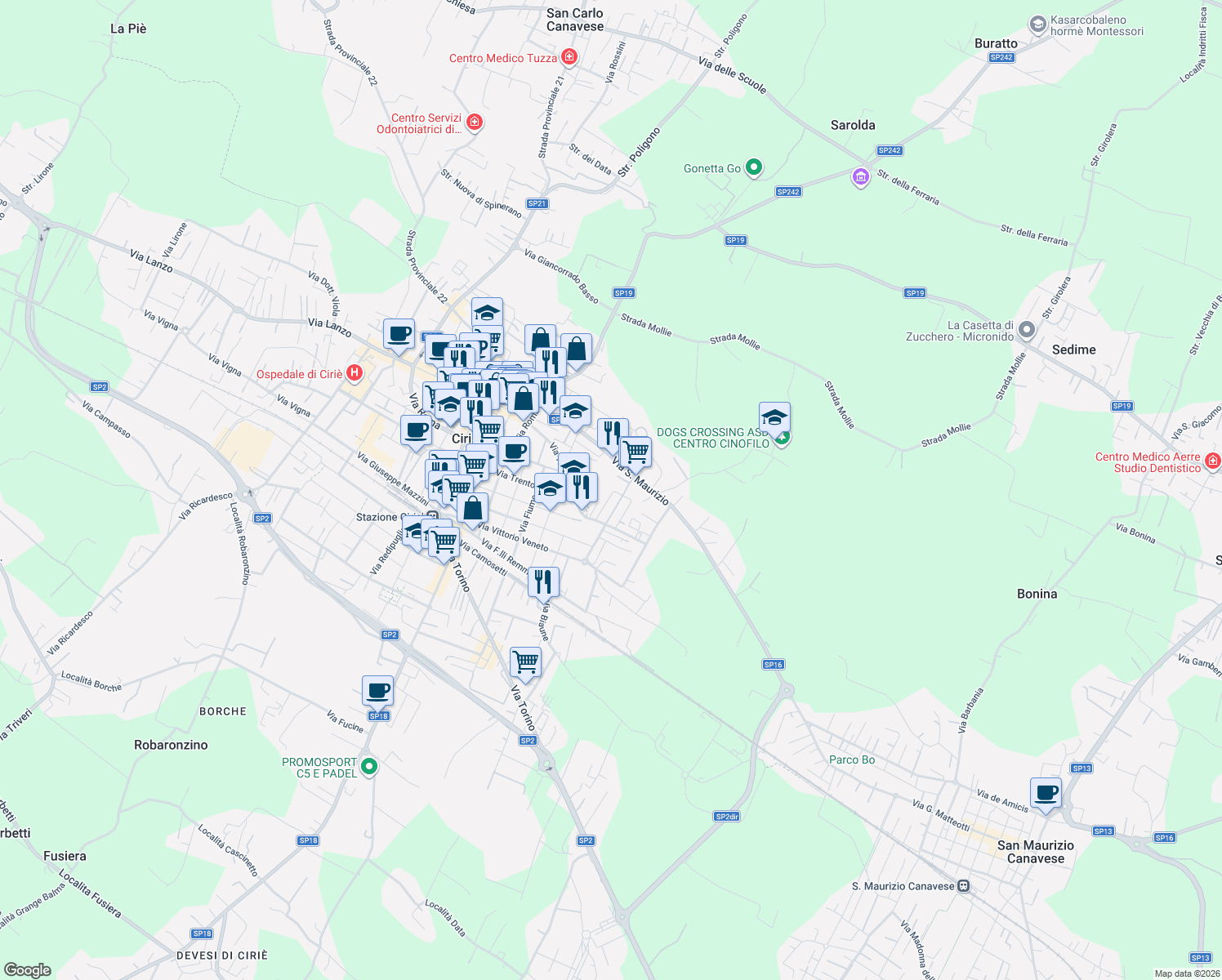 map of restaurants, bars, coffee shops, grocery stores, and more near 35 Via Generale Gazzera in Ciriè