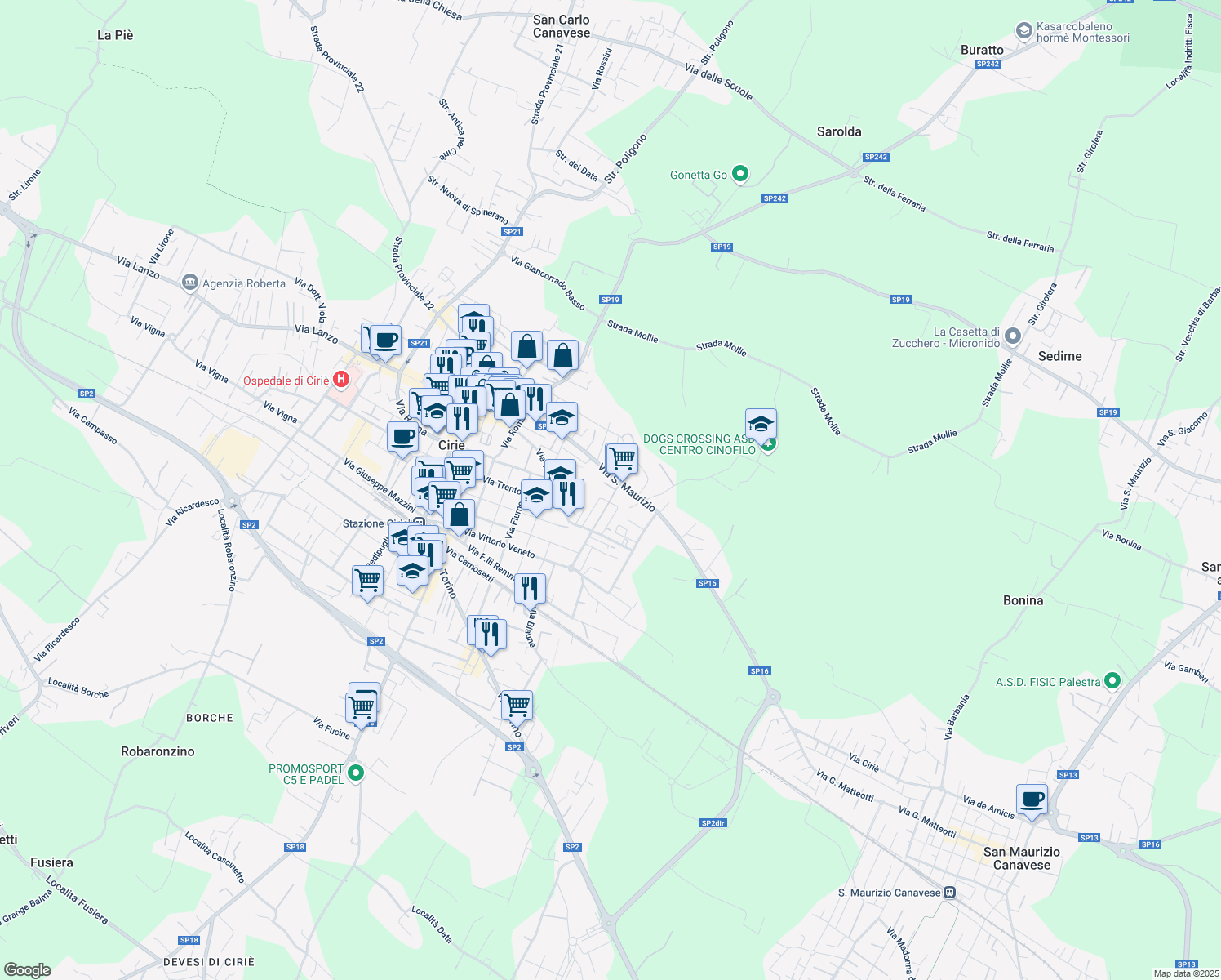 map of restaurants, bars, coffee shops, grocery stores, and more near 35 Via Generale Gazzera in Ciriè