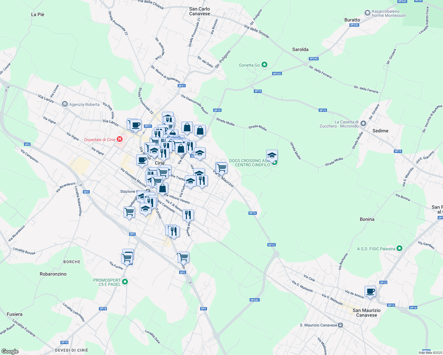 map of restaurants, bars, coffee shops, grocery stores, and more near 35 Via Generale Gazzera in Ciriè