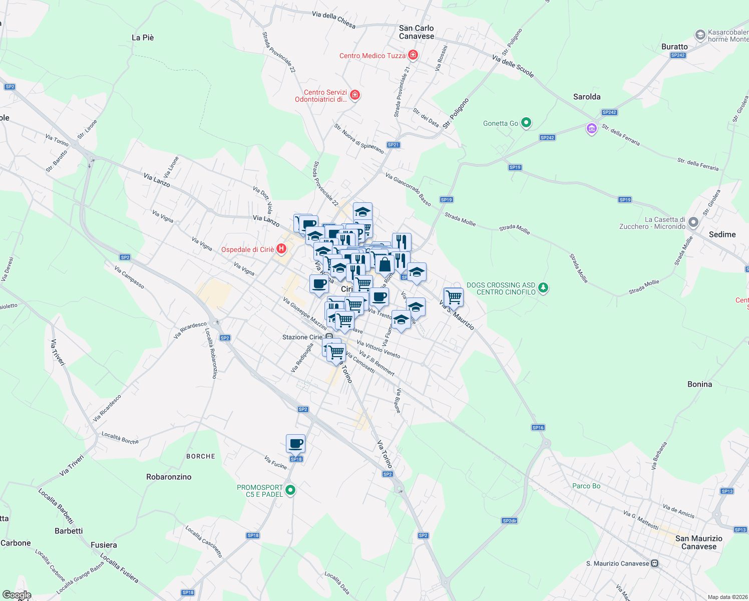 map of restaurants, bars, coffee shops, grocery stores, and more near 1 Via Elio Ferrari in Ciriè