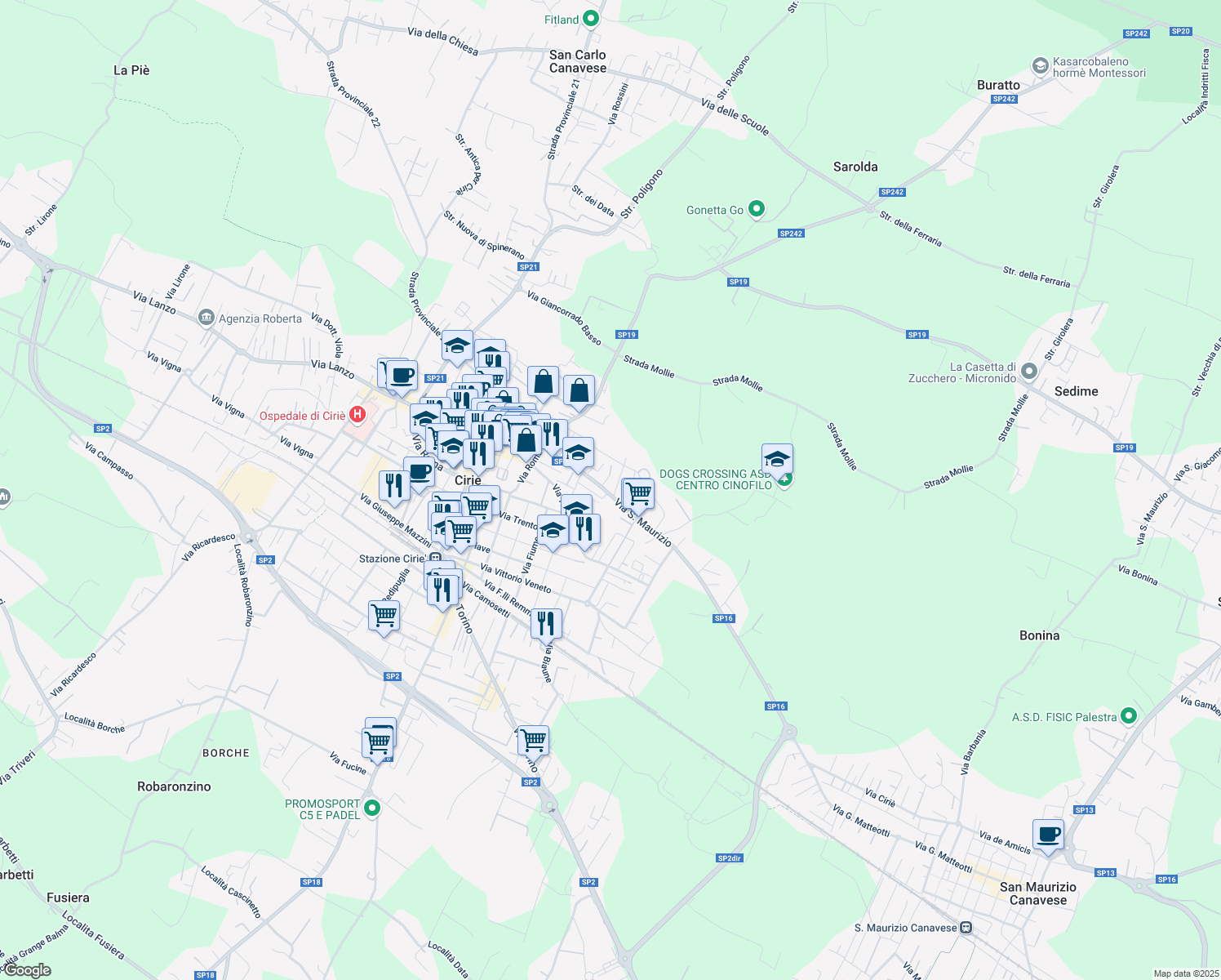 map of restaurants, bars, coffee shops, grocery stores, and more near 16 Via Canavere in Ciriè