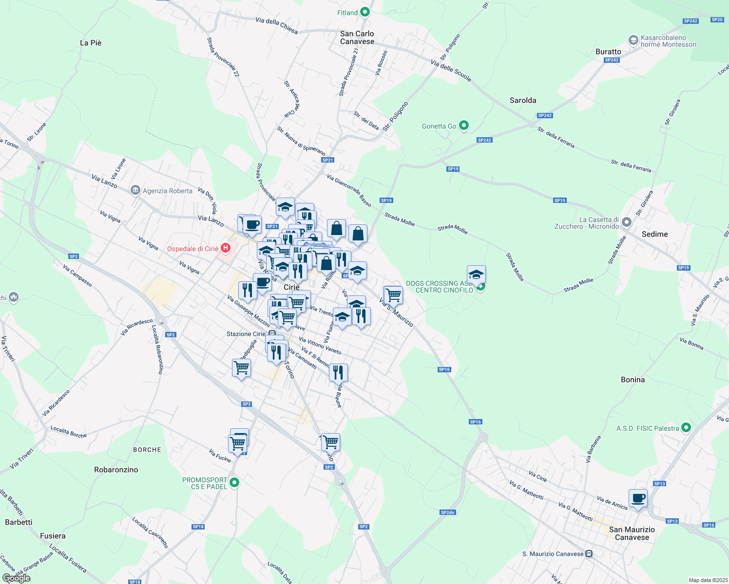 map of restaurants, bars, coffee shops, grocery stores, and more near 16 Via Canavere in Ciriè