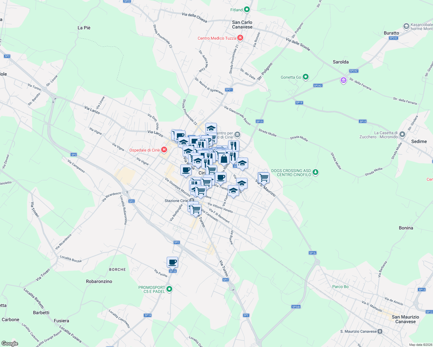 map of restaurants, bars, coffee shops, grocery stores, and more near 1 Via Elio Ferrari in Ciriè