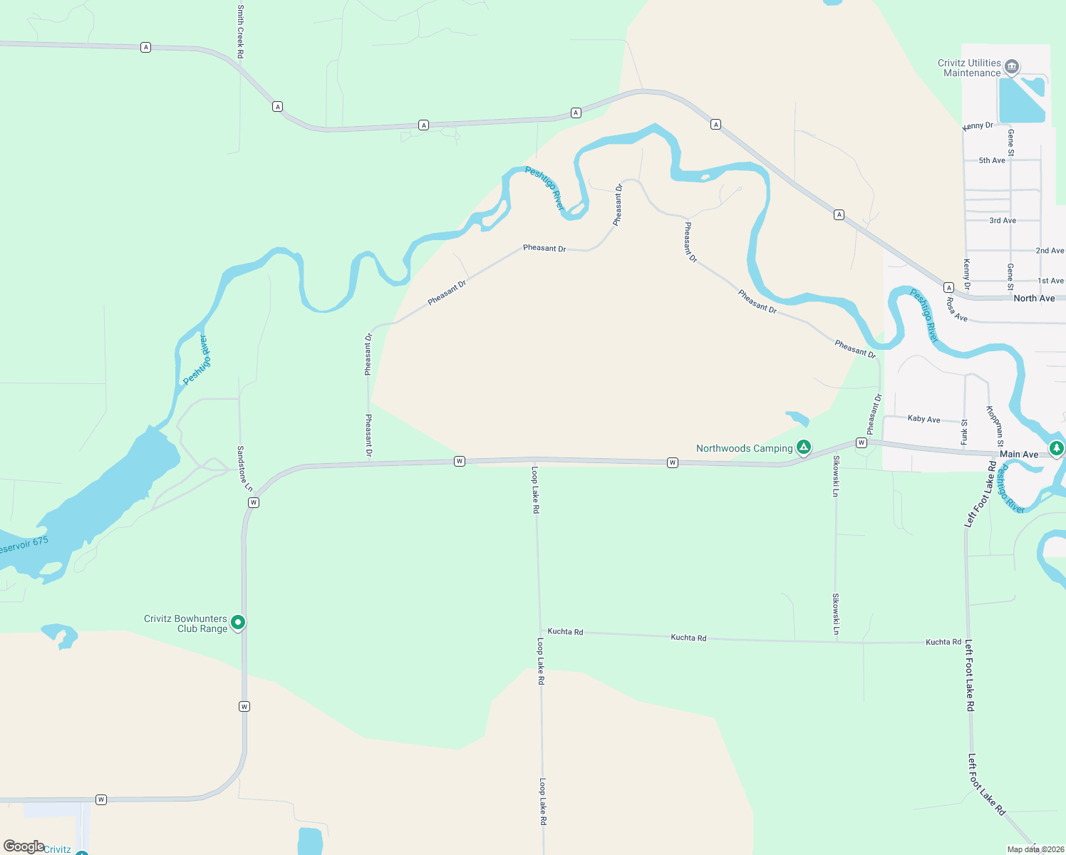 map of restaurants, bars, coffee shops, grocery stores, and more near 8918 County Highway West in Crivitz