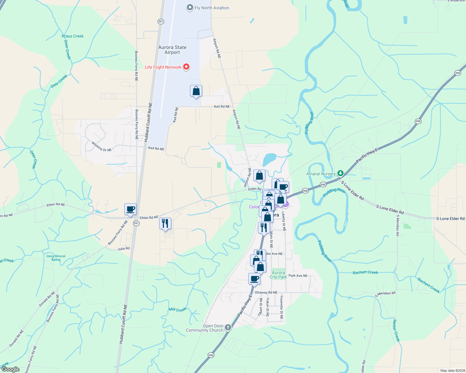 map of restaurants, bars, coffee shops, grocery stores, and more near 14633 Ehlen Road Northeast in Aurora