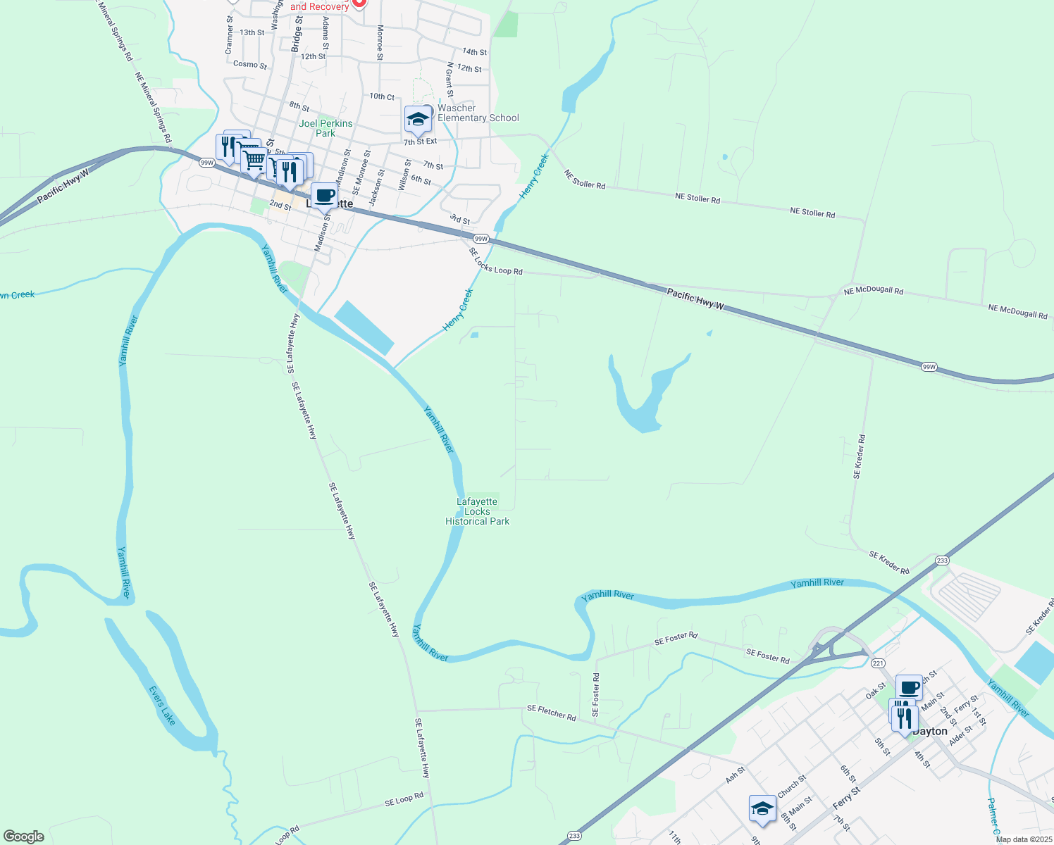 map of restaurants, bars, coffee shops, grocery stores, and more near 3455 Southeast Locks Road in Dayton