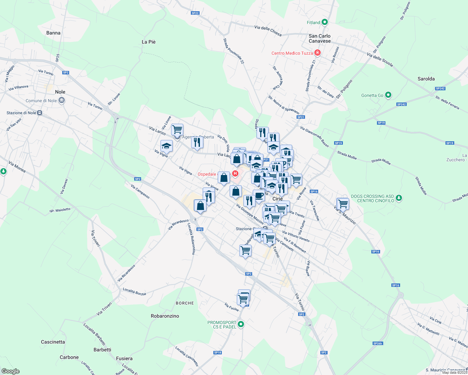 map of restaurants, bars, coffee shops, grocery stores, and more near 14 Via Buratto in Ciriè