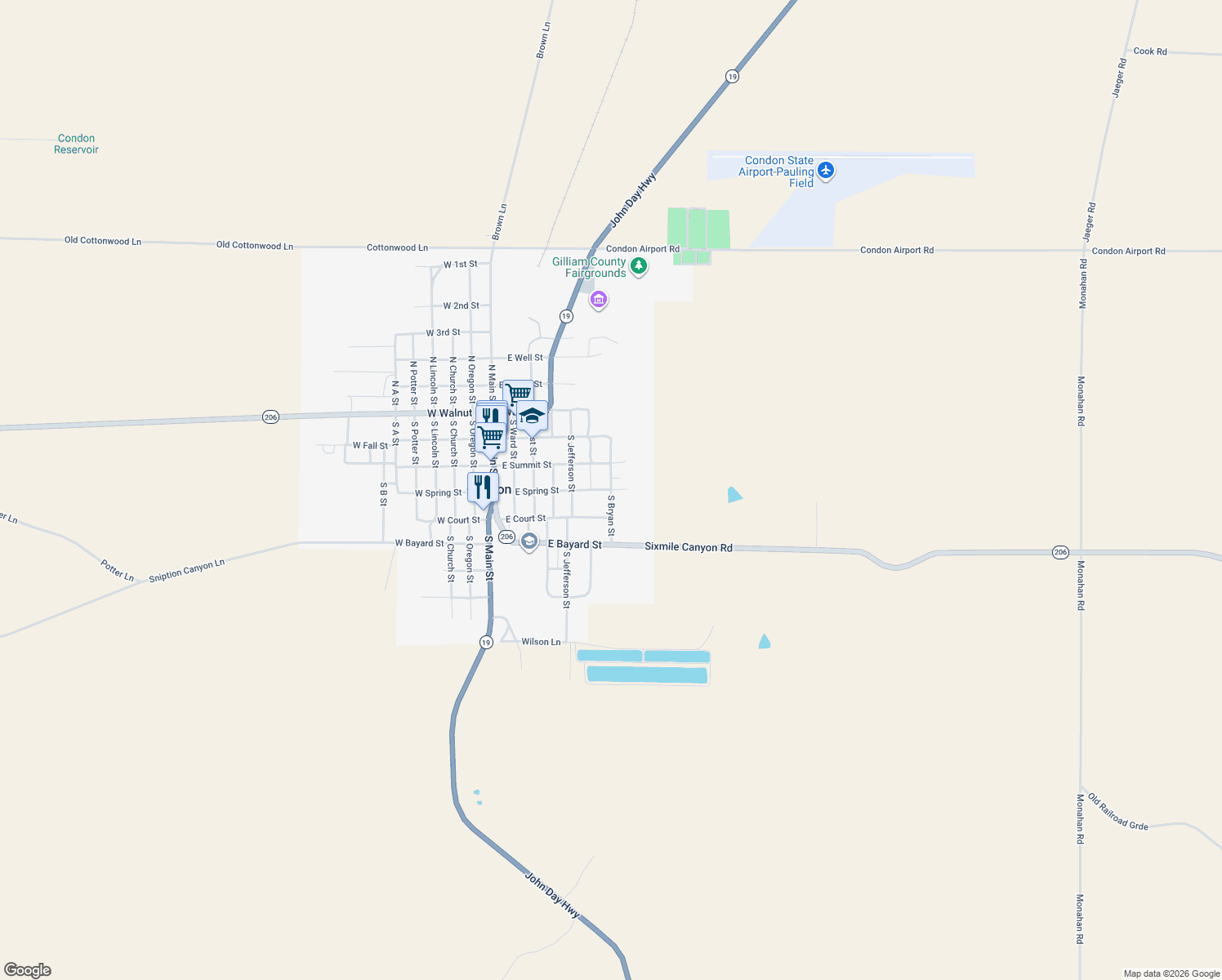 map of restaurants, bars, coffee shops, grocery stores, and more near South Bryan Street in Condon