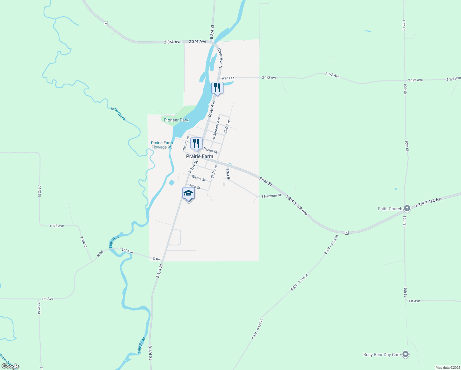 map of restaurants, bars, coffee shops, grocery stores, and more near 500 East Hepburn Street in Prairie Farm