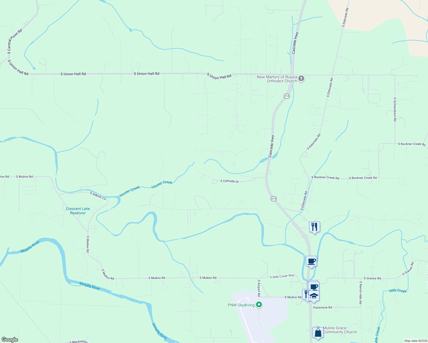 map of restaurants, bars, coffee shops, grocery stores, and more near 13115 South Cliffside Drive in Mulino