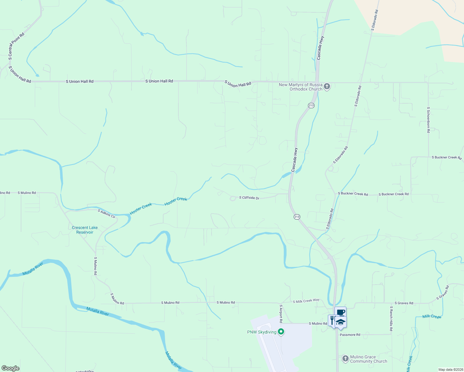 map of restaurants, bars, coffee shops, grocery stores, and more near 13115 South Cliffside Drive in Mulino
