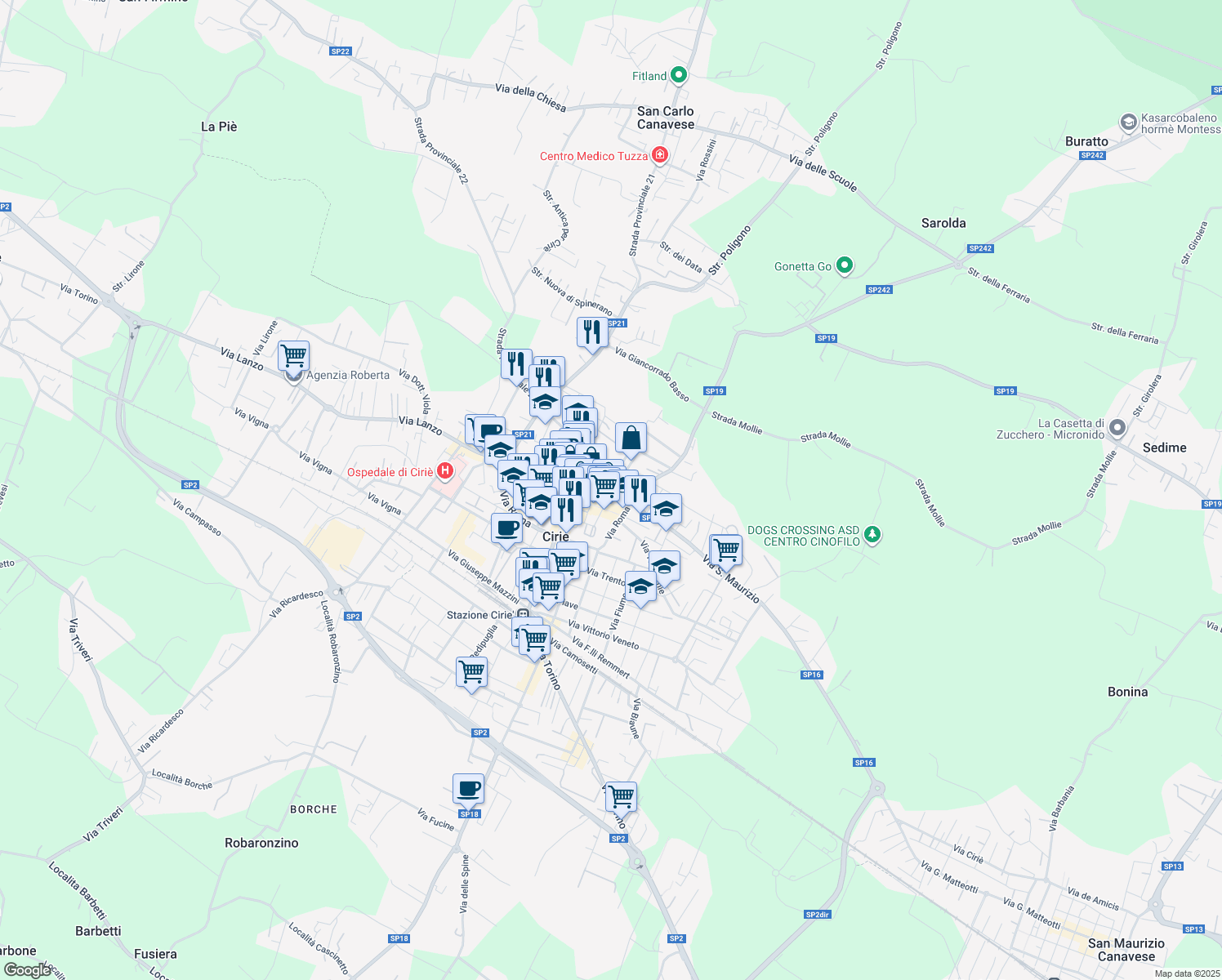 map of restaurants, bars, coffee shops, grocery stores, and more near 8 Piazza Castello in Ciriè