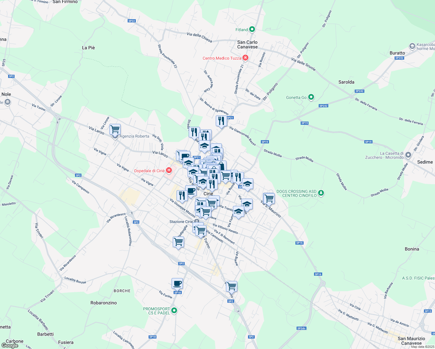 map of restaurants, bars, coffee shops, grocery stores, and more near 29 Piazza Castello in Ciriè
