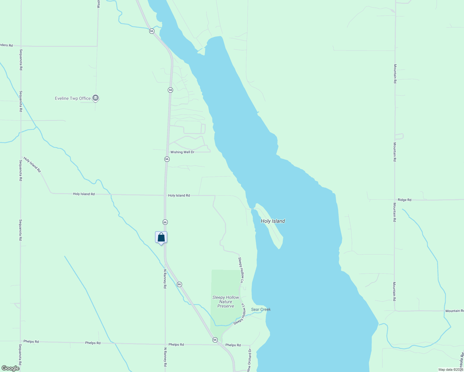 map of restaurants, bars, coffee shops, grocery stores, and more near 9525 Holy Island Road in East Jordan