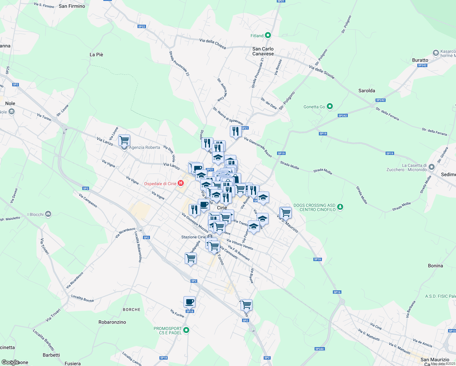 map of restaurants, bars, coffee shops, grocery stores, and more near 29 Piazza Castello in Ciriè