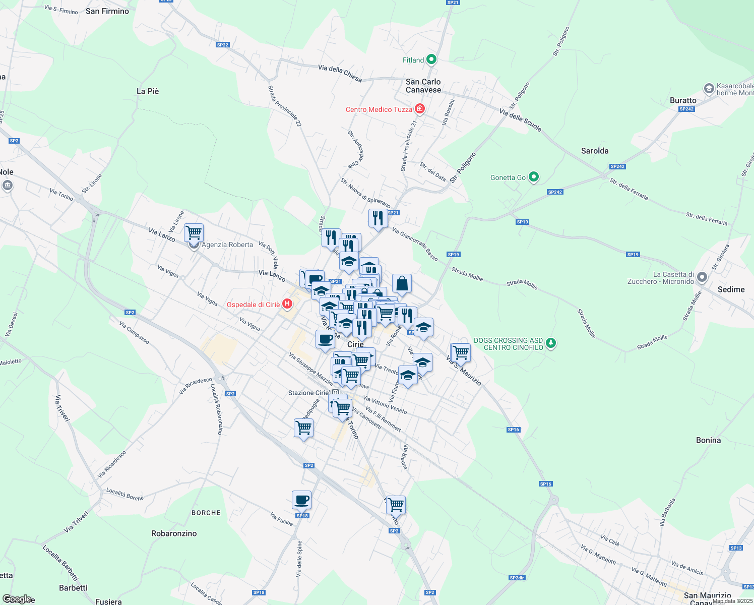 map of restaurants, bars, coffee shops, grocery stores, and more near 8 Piazza Castello in Ciriè