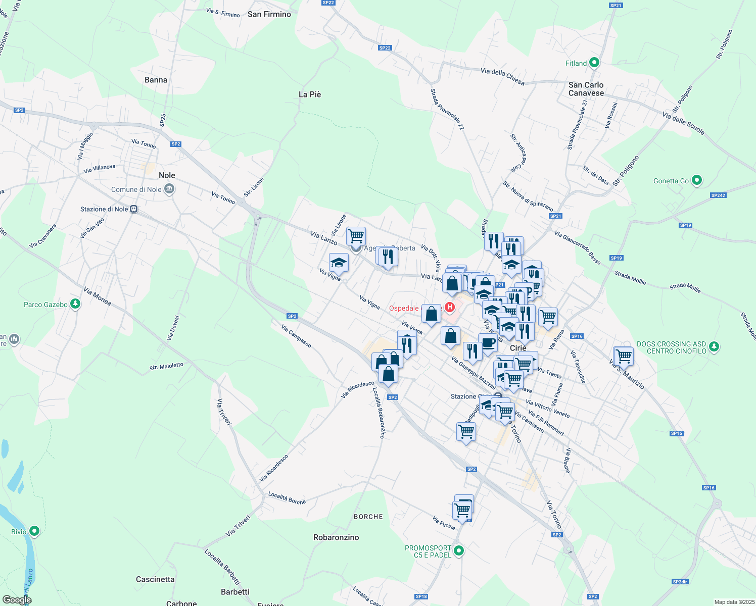 map of restaurants, bars, coffee shops, grocery stores, and more near 6 Via Paolo Borsellino in Ciriè
