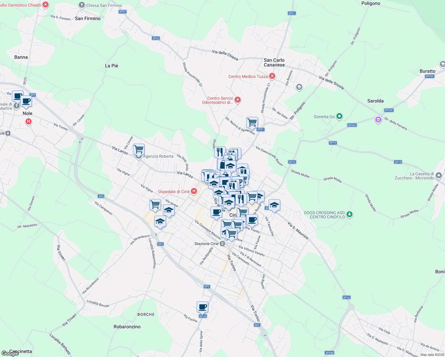 map of restaurants, bars, coffee shops, grocery stores, and more near 5 Vicolo Disturba in Ciriè