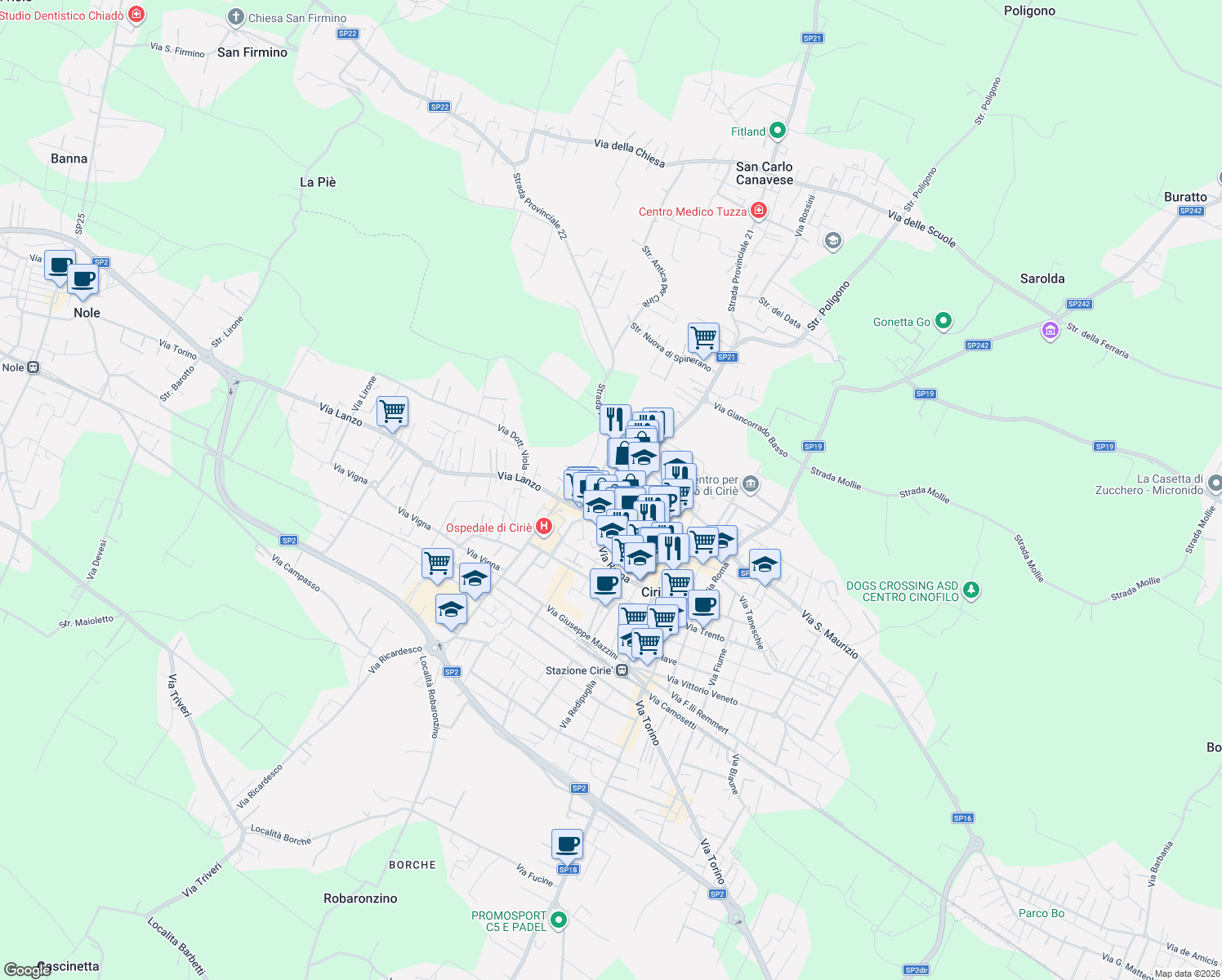 map of restaurants, bars, coffee shops, grocery stores, and more near 5 Vicolo Disturba in Ciriè
