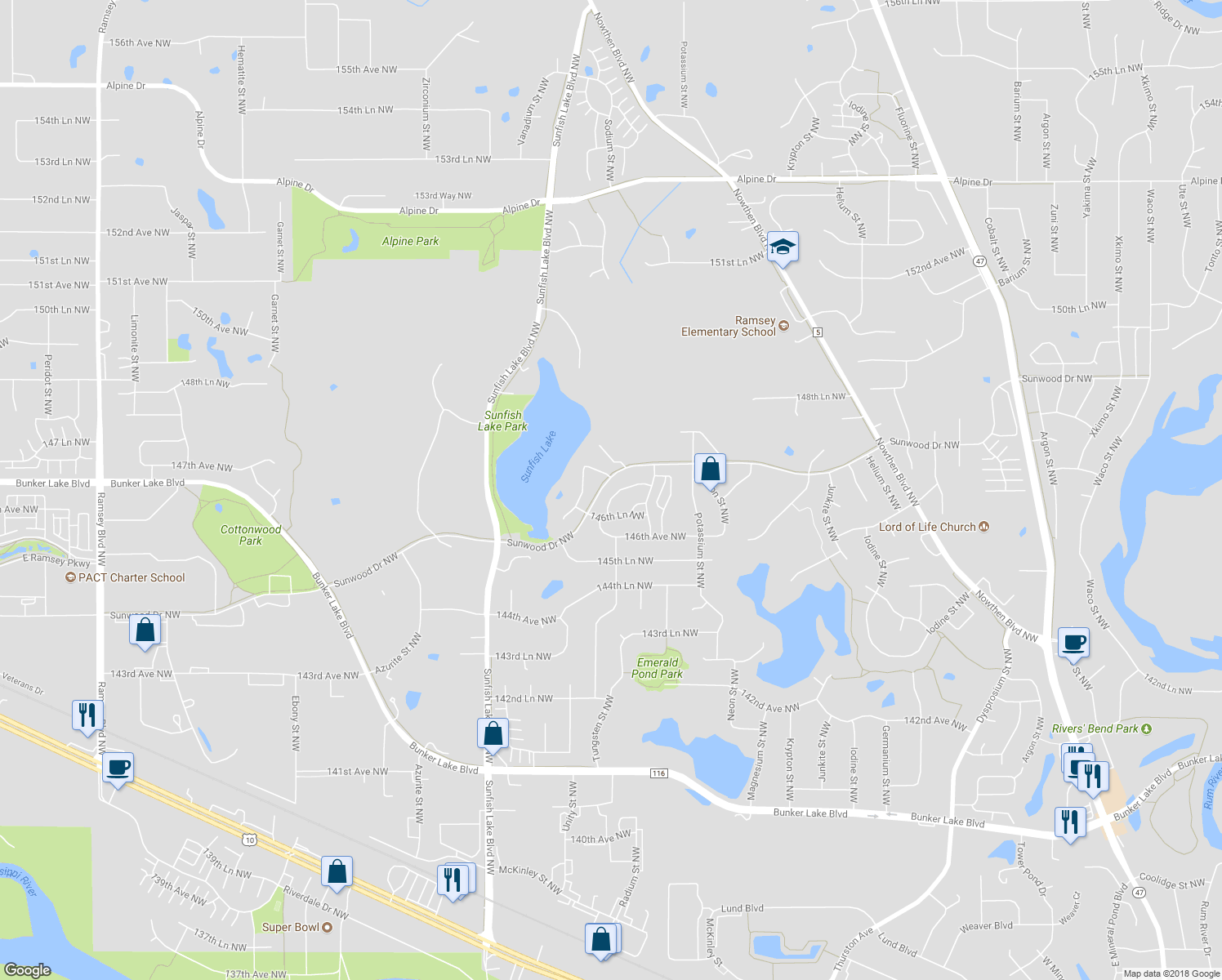 map of restaurants, bars, coffee shops, grocery stores, and more near 14662 Sodium Street in Ramsey