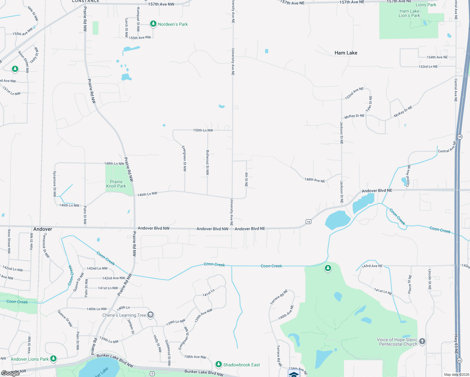 map of restaurants, bars, coffee shops, grocery stores, and more near 14711 University Avenue Northeast in Ham Lake