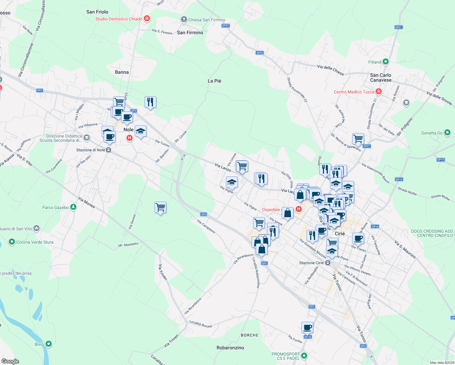 map of restaurants, bars, coffee shops, grocery stores, and more near 3 Via Giorgio Perino in Ciriè
