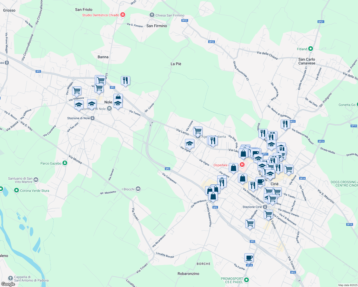 map of restaurants, bars, coffee shops, grocery stores, and more near 12 Via Bianca Gerardi in Ciriè