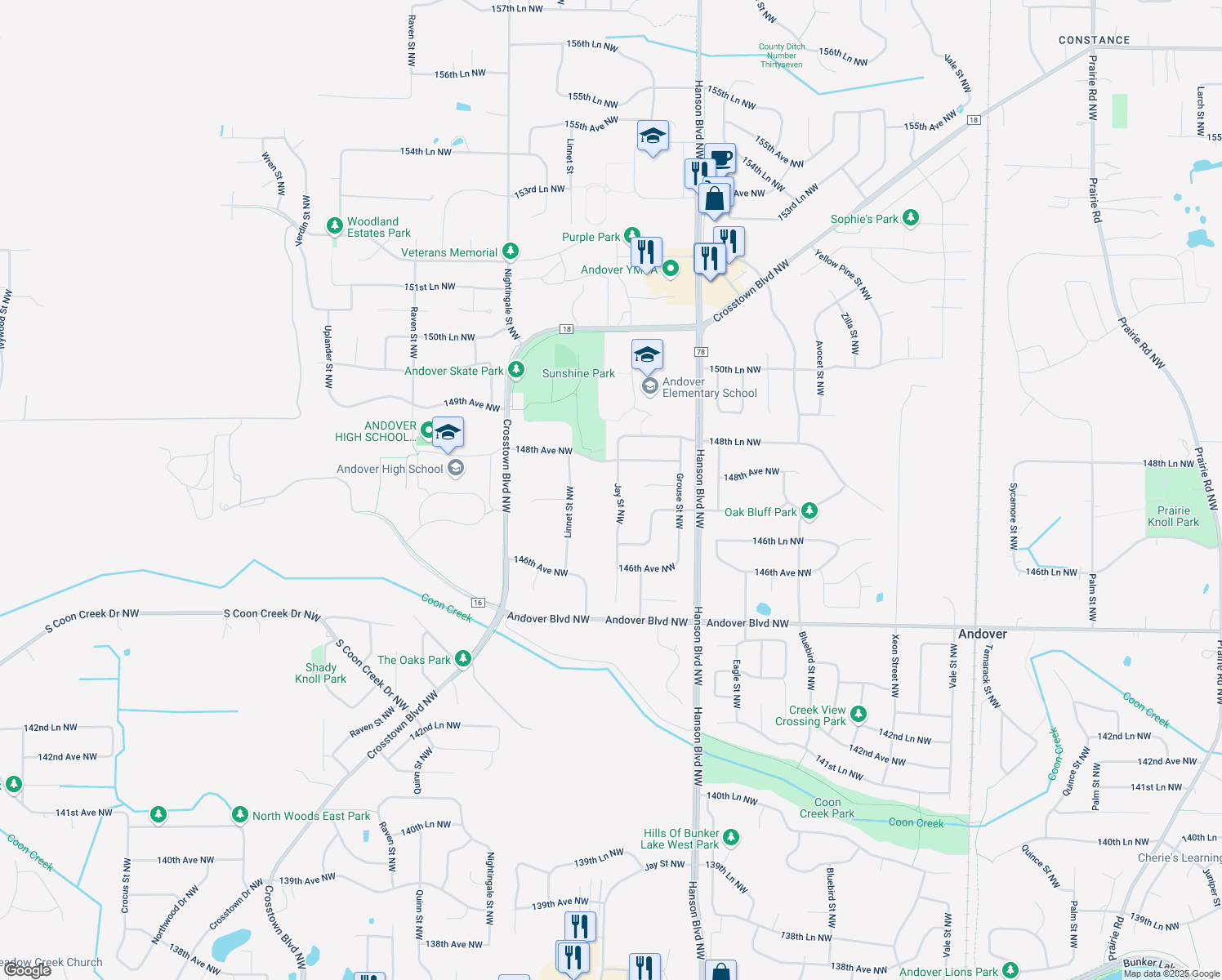 map of restaurants, bars, coffee shops, grocery stores, and more near 14756 Jay Street Northwest in Andover