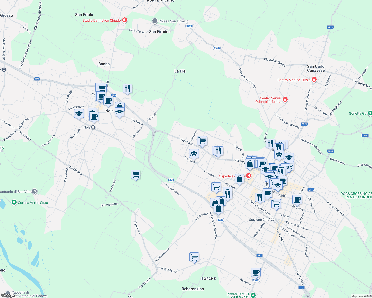 map of restaurants, bars, coffee shops, grocery stores, and more near 12 Via Bianca Gerardi in Ciriè