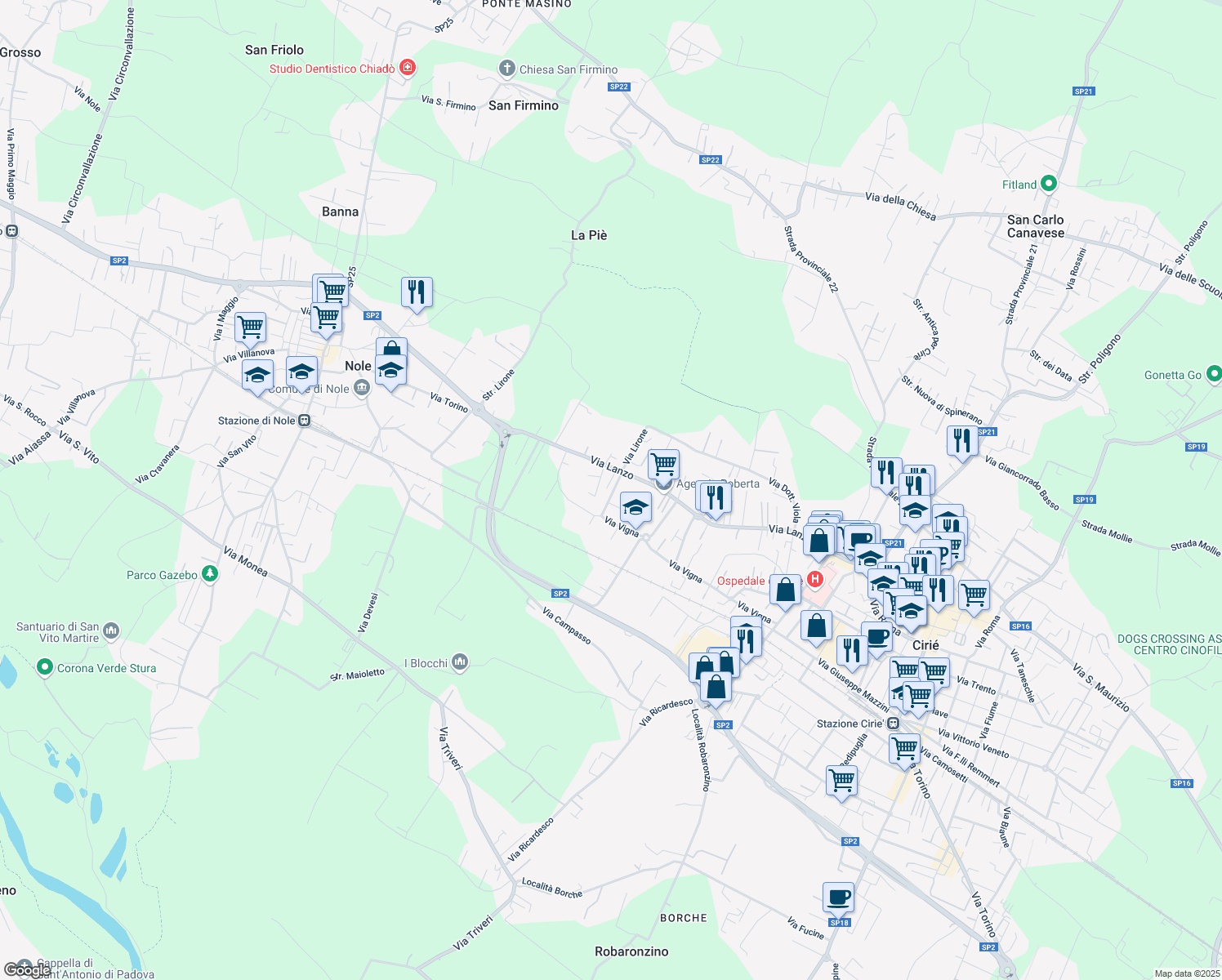 map of restaurants, bars, coffee shops, grocery stores, and more near 12 Via Bianca Gerardi in Ciriè