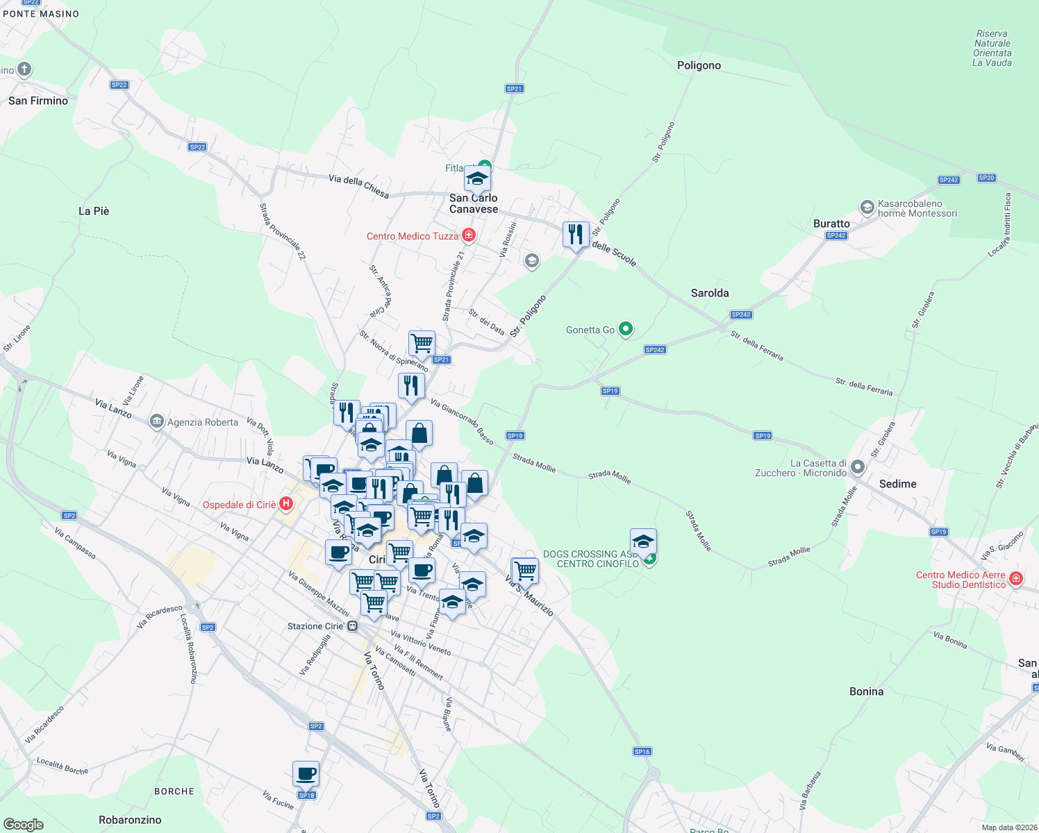 map of restaurants, bars, coffee shops, grocery stores, and more near 21 Strada San Giovanni in San Carlo Canavese