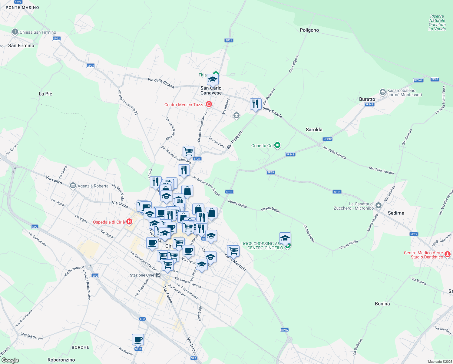 map of restaurants, bars, coffee shops, grocery stores, and more near 21 Strada San Giovanni in San Carlo Canavese