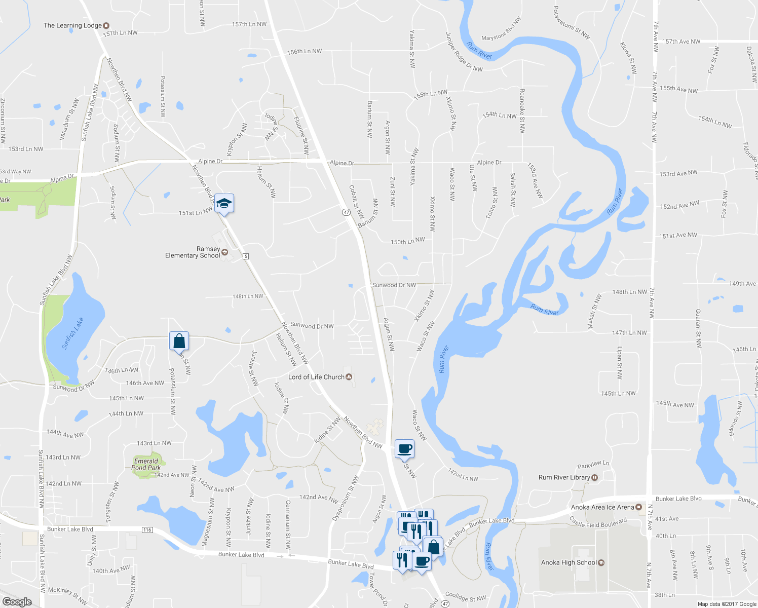 map of restaurants, bars, coffee shops, grocery stores, and more near 14800 Argon Street Northwest in Ramsey