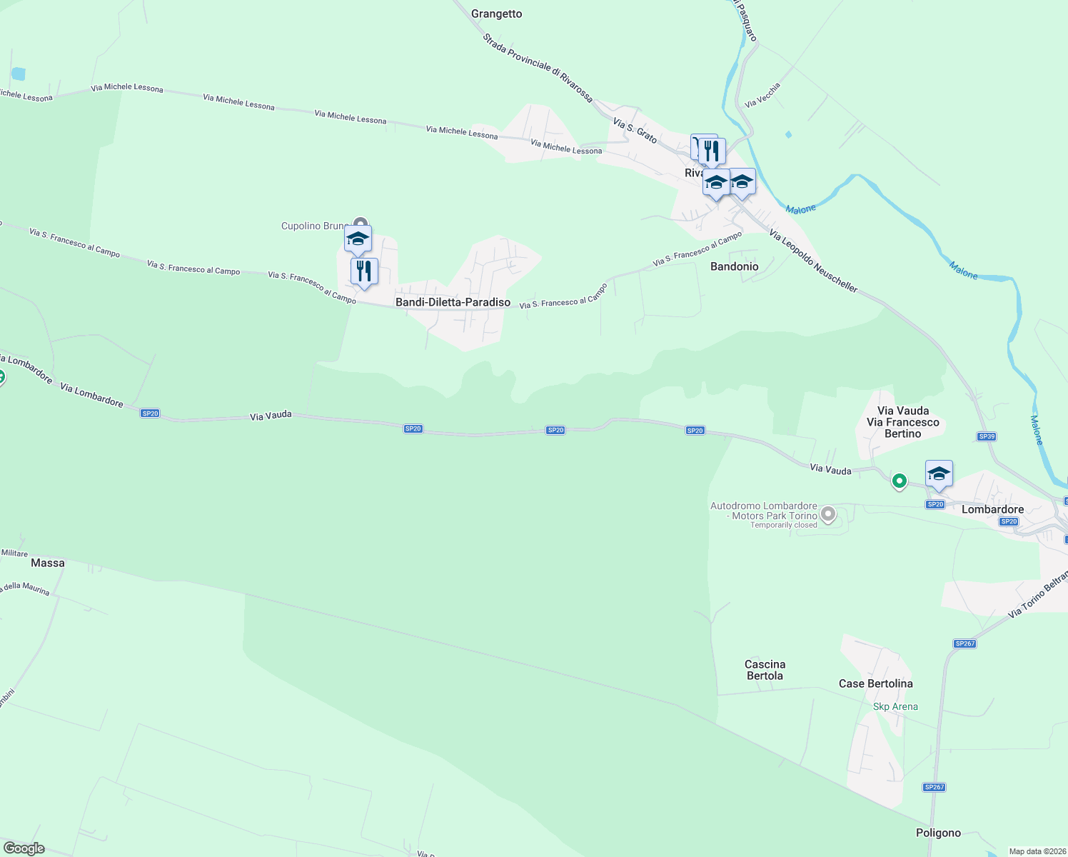map of restaurants, bars, coffee shops, grocery stores, and more near 56 Via Vauda in Città Metropolitana di Torino