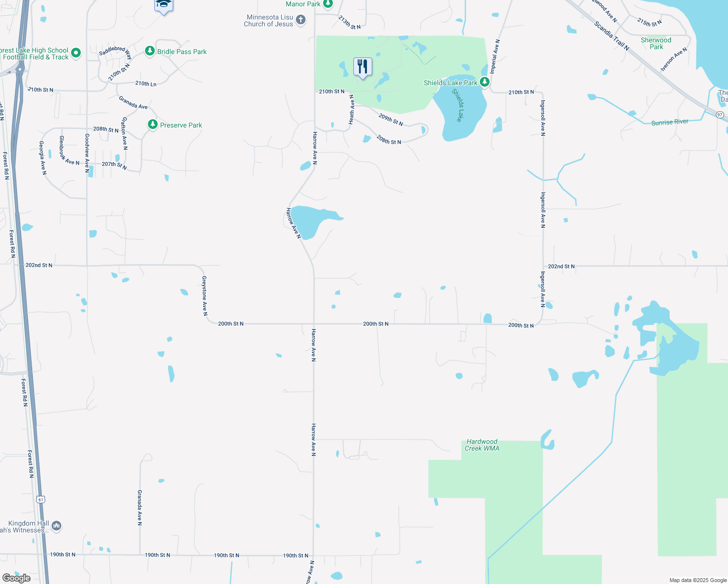 map of restaurants, bars, coffee shops, grocery stores, and more near 20195 Harrow Avenue North in Forest Lake